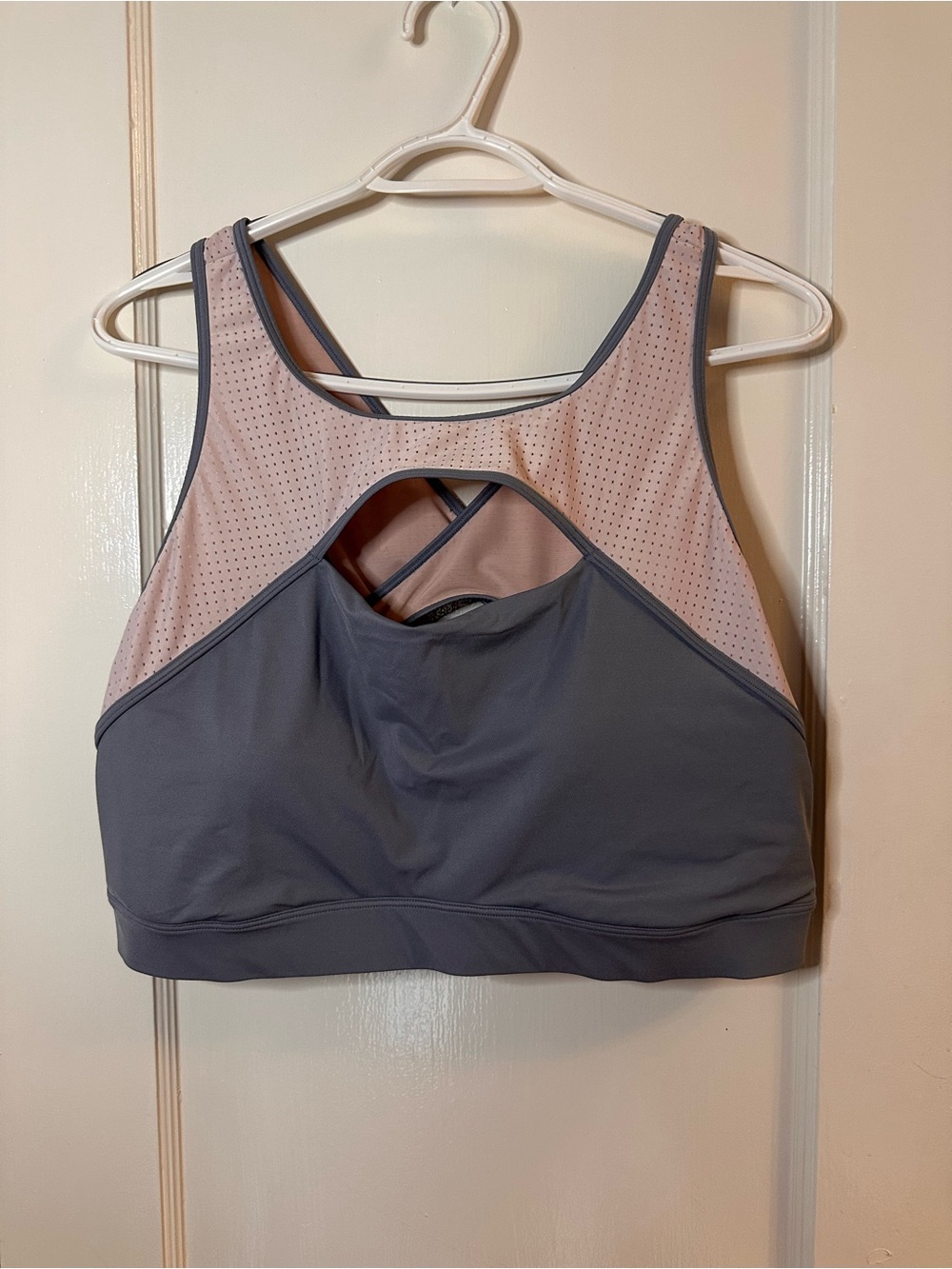 Fabletics Two-Tone High Support Sports Bra in Gray & Blush